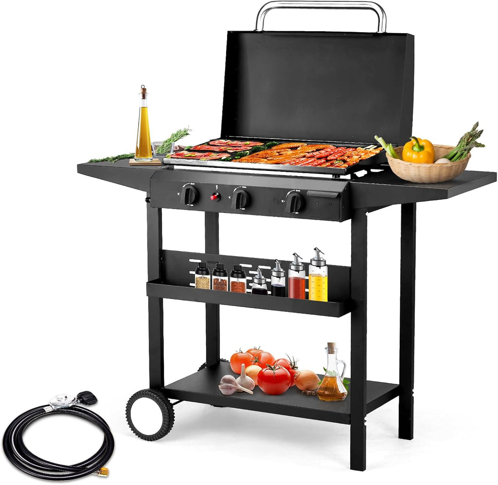 3-Burner Flat Top Gas Griddle Cooking Station with Ceramic Coated Cast Iron Pan, 30,000 BTU Propane Fuelled Griddle Station with Side Shelves & Spice Rack for Outdoor Barbecue Backyard Cookout