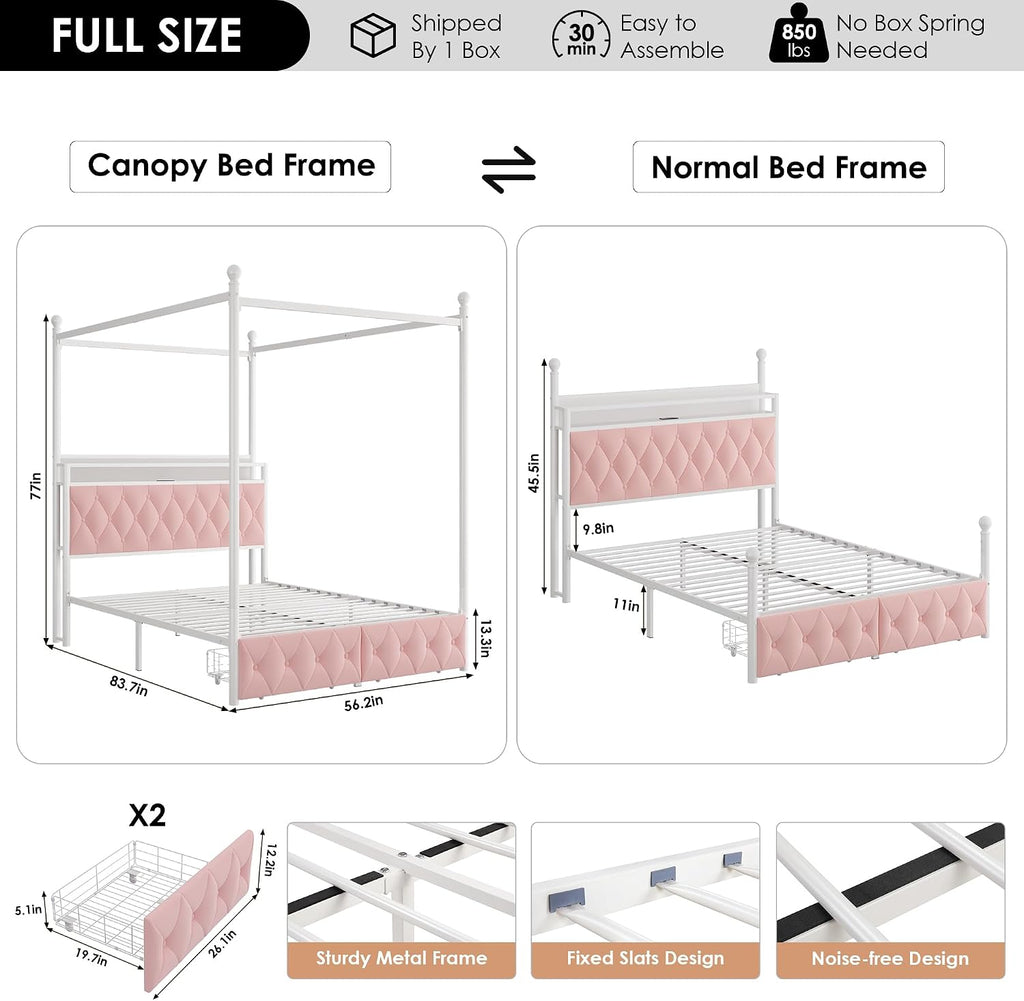 HIFIT Full Size Upholstered LED Canopy Bed Frame with Storage and Charging Station, Button Tufted Storage Headboard with Bookshelf, Two-Use Metal Platform Bed with 4 Removable Posts & 2 Drawers, Pink