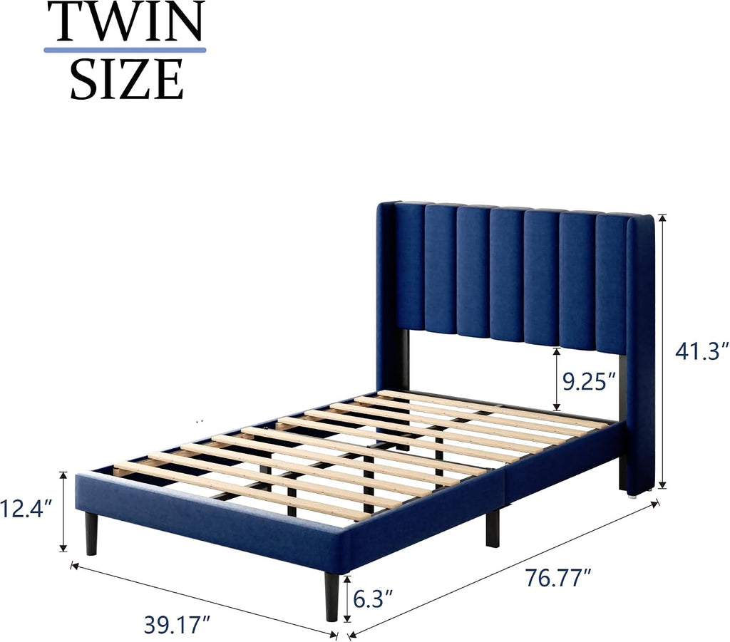 Gruwans Twin Size Bed Frame with Upholstered Wingback Headboard, Easy Assemnly Platform Bed, Wooden Slat Support No Box Spring Needed, Navy Blue