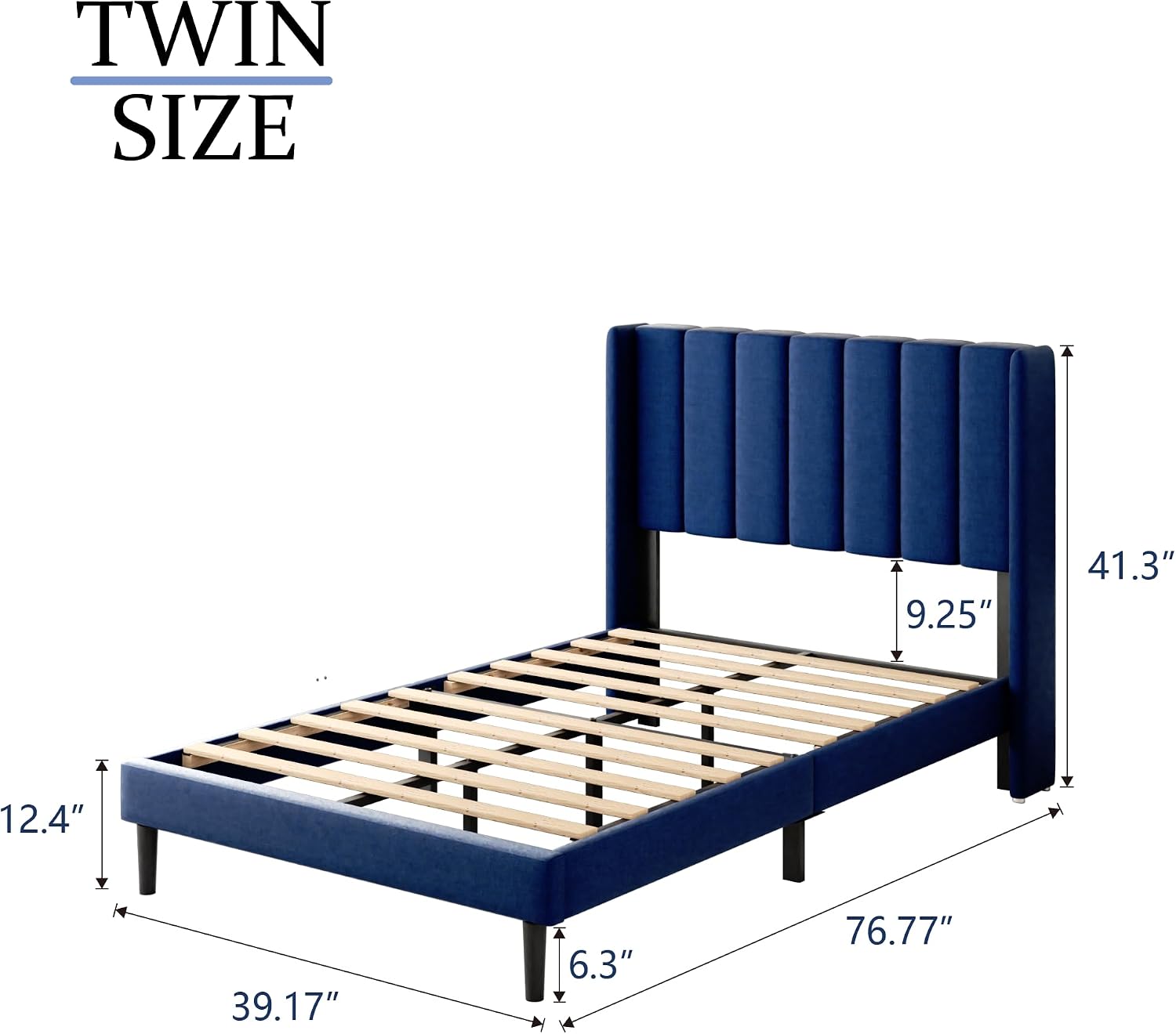 Gruwans Twin Size Bed Frame with Upholstered Wingback Headboard, Easy Assemnly Platform Bed, Wooden Slat Support No Box Spring Needed, Navy Blue