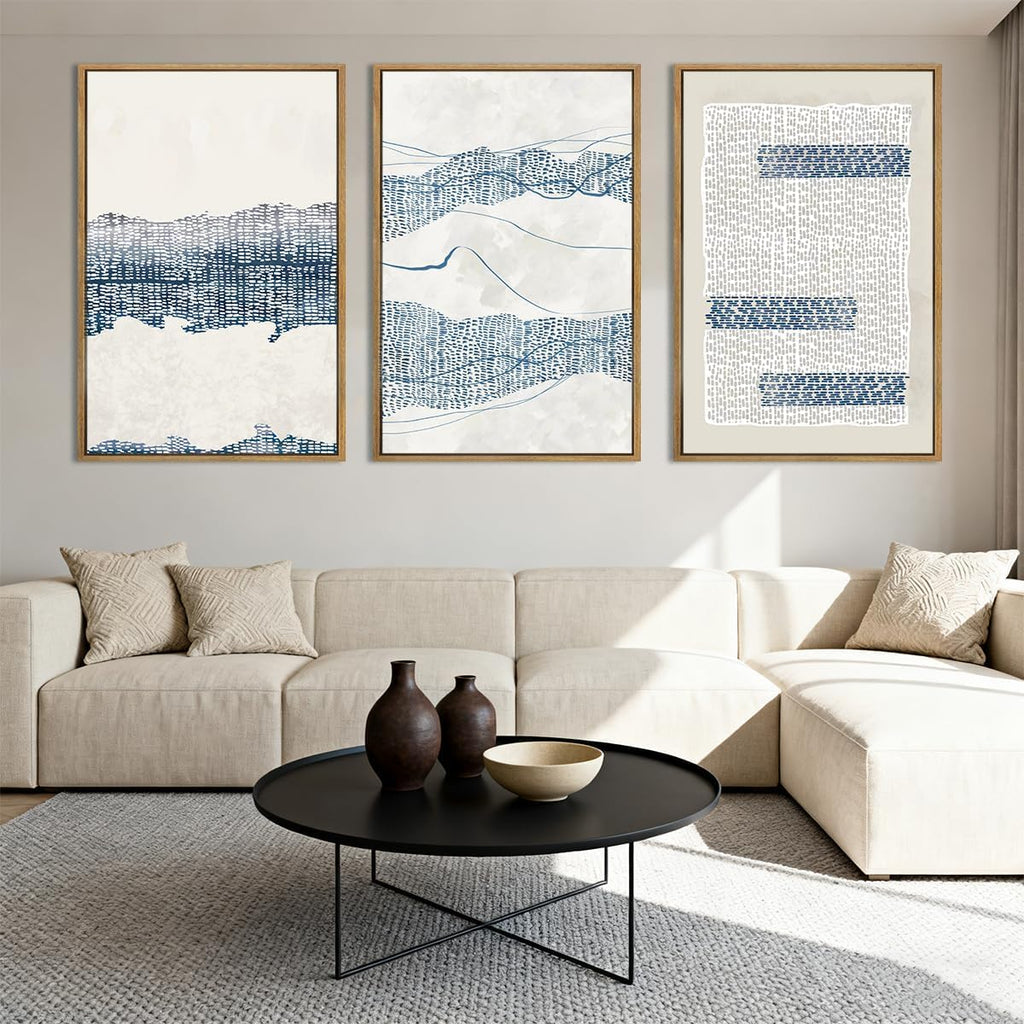 IARTTOP Large Blue Abstract Canvas Wall Art Framed 24x36 Inch Neutral Minimalist Modern Wall Art Mid Century Boho Artwork for Living Room Bedroom Office Set of 3