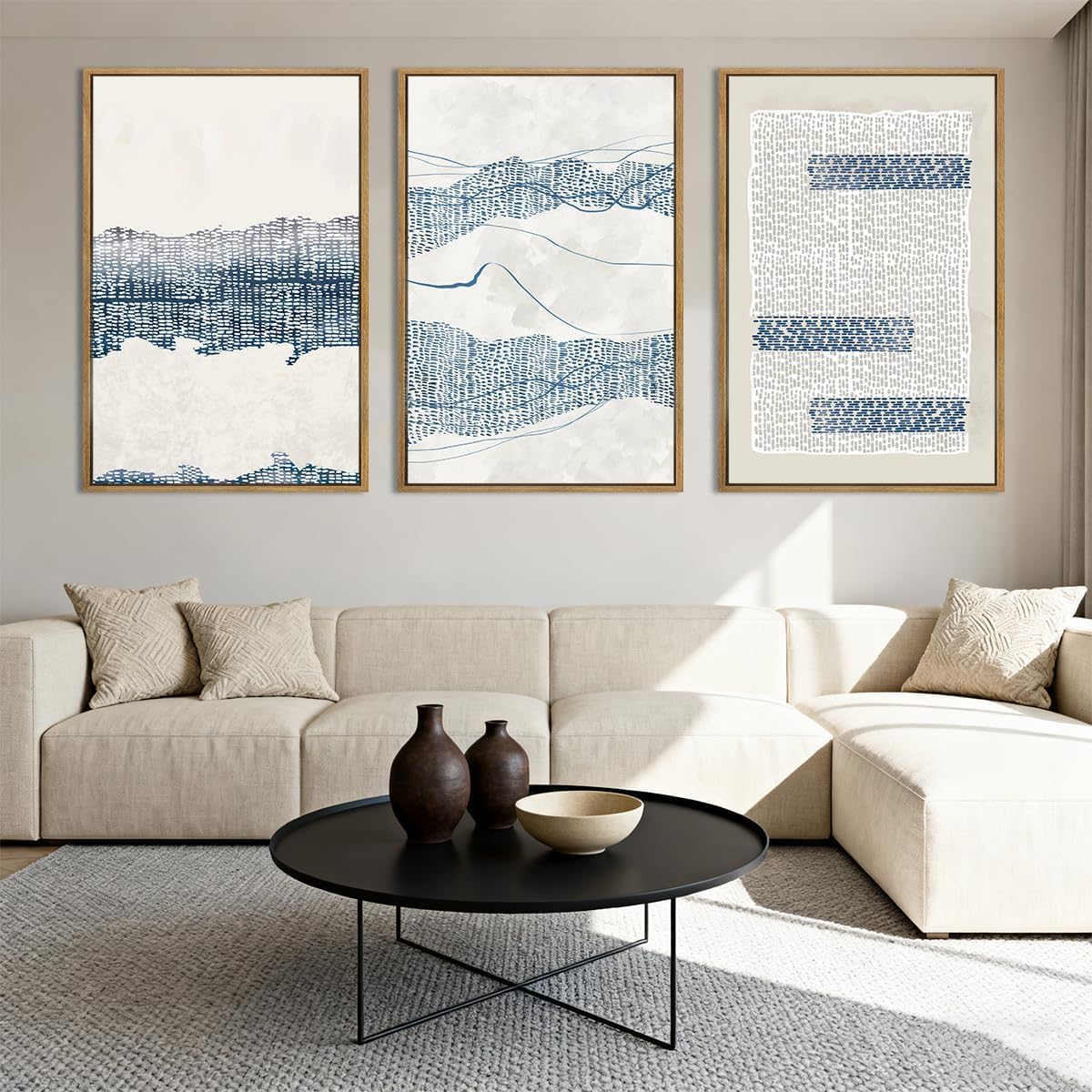 IARTTOP Large Blue Abstract Canvas Wall Art Framed 24x36 Inch Neutral Minimalist Modern Wall Art Mid Century Boho Artwork for Living Room Bedroom Office Set of 3