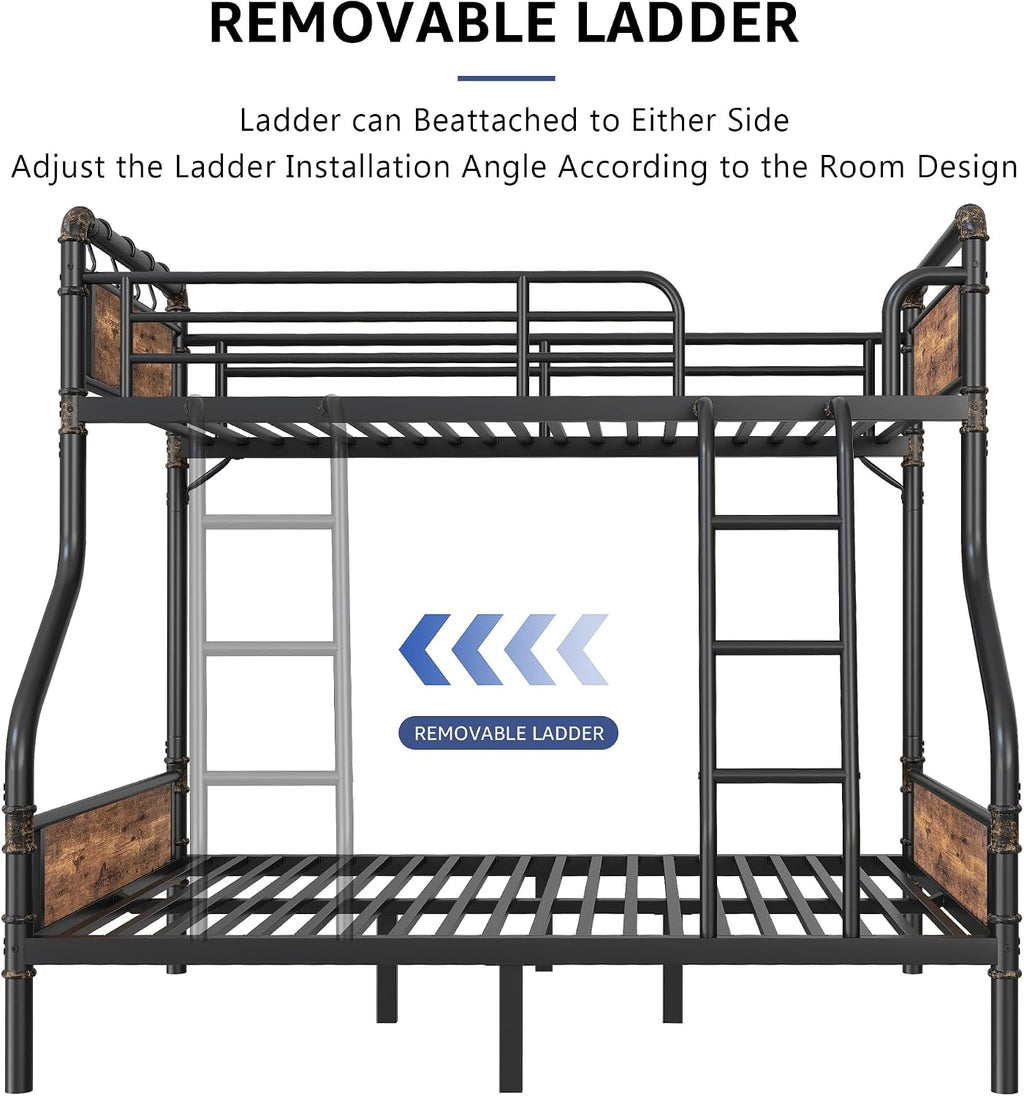 Jocoevol Metal Bunk Bed Twin Over Full, Industrial Bunkbeds Heavy Duty Bed with Safety Guard Rails and Space-Saving Design, Steel Bed for School, Bedroom (Vintage Brown)