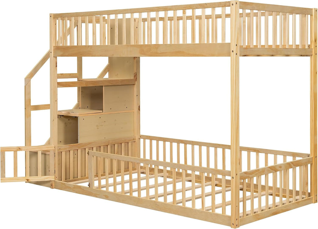 Twin Over Twin Floor Bunk Bed with Storage Ladder and Guardrails,for Kids Teens Adults (Natural#Ladder, Twin Over Twin)