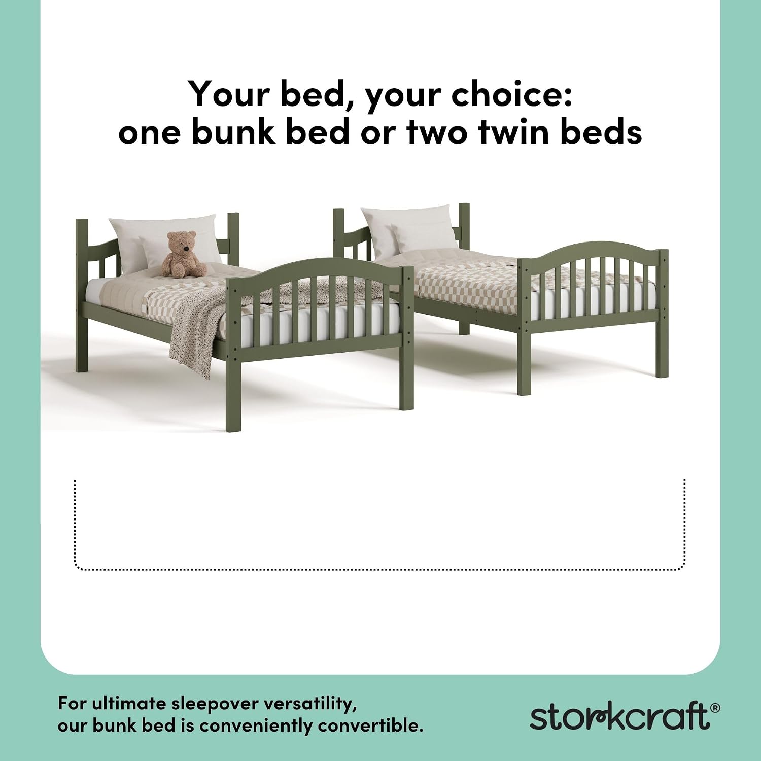 Storkcraft Long Horn Twin-Over-Twin Bunk Bed (Olive) - GREENGUARD Gold Certified, Converts to Two Twin Beds, Wood Bunk Bed for Kids Bedroom