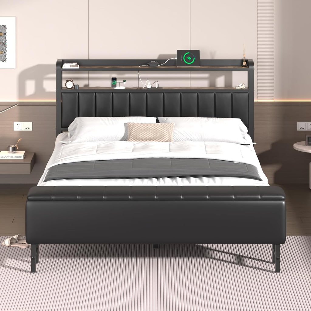 LoVinson Full Size Bed Frame with Headboard & Star Projector, Metal Upholstered Bed Frame with Charging Station, Heavy Duty Bedframe with Storage Ottoman, Noise-Free, No Box Spring Needed, Black