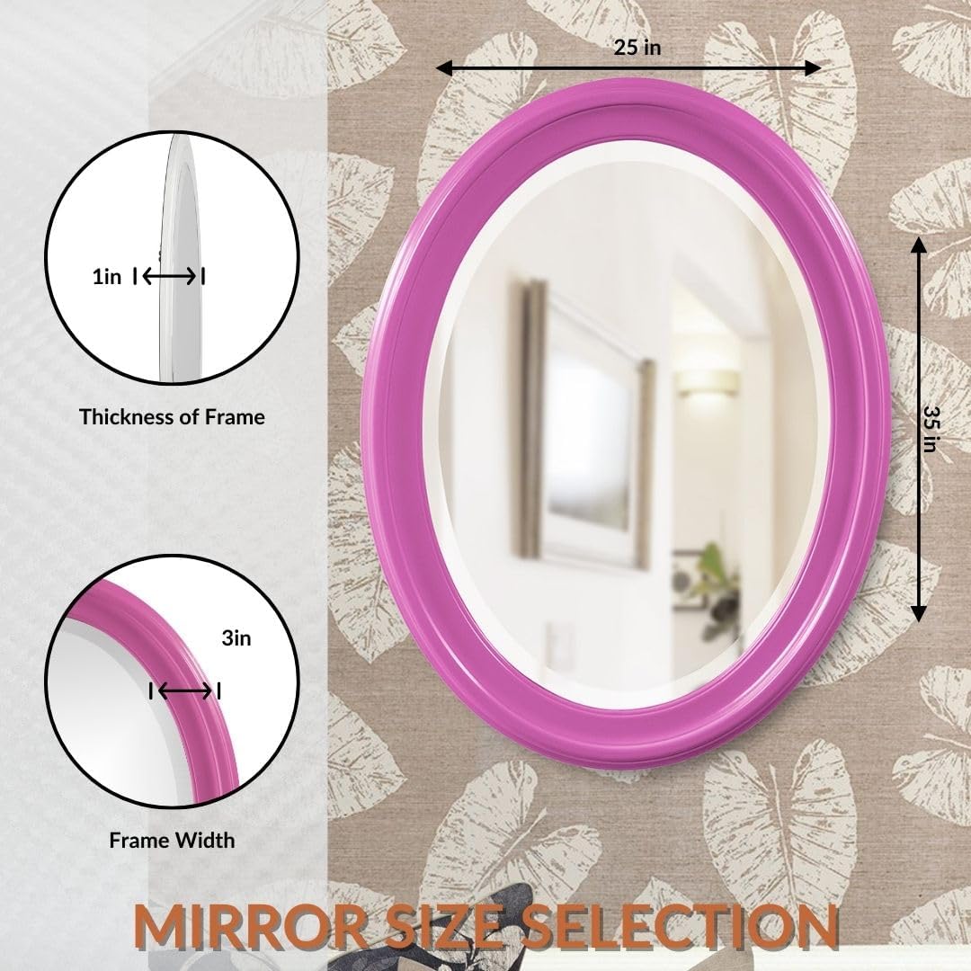 Howard Elliott Collection George Oval Glossy Hot Pink Wall Mirror, Oval Bevelled Hanging Wood Framed Vanity Mirrors for Home Decor, Living Room, Bathroom, Bedroom, or Hallway, 25 x 33 Inch