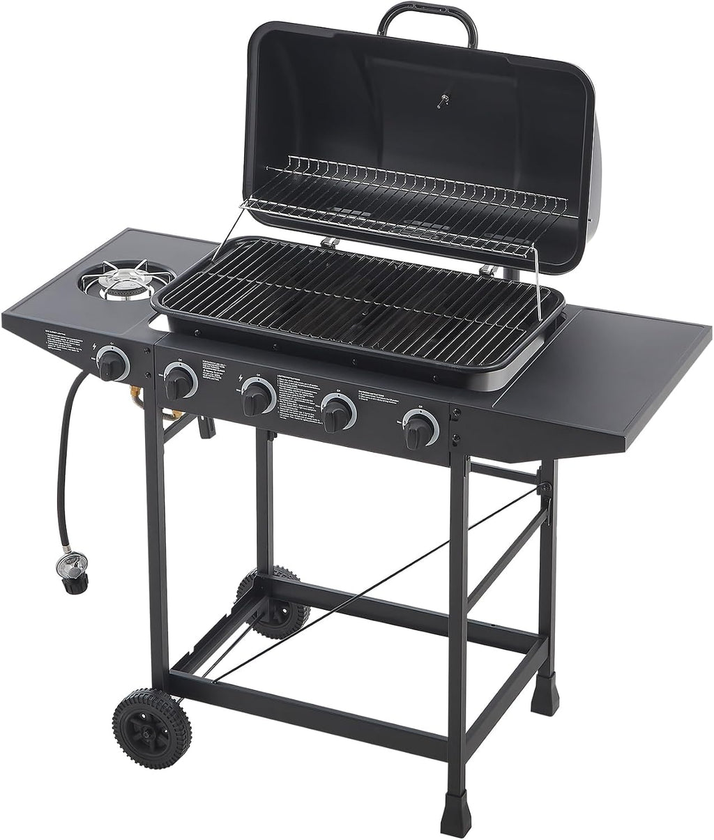 Black 4 Burner Propane Gas BBQ Grill with Side Burner, 42000 BTU Output Stainless Steel Barbecue Grill with Enameled Grates and Side Tables for Outdoor Cooking Patio Backyard (4+1)
