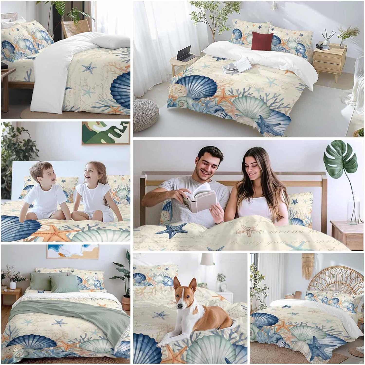 Summer Marine Life Duvet Cover Set Queen Size 4 Pieces Watercolor Starfish Ocean Shell Conch Vintage Bedding Set with Zipper Closure, 1 Comforter Cover 86x86 Inches 1 Flat Sheet & 2 Pillow Cases