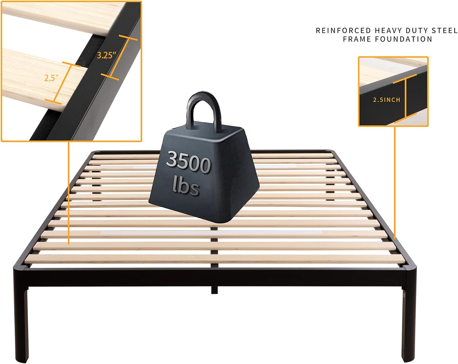 MAF Metal 18 Inch Queen Platform Bed Frame with Anti-Collision Round Legs, Black 3500 Lbs Heavy Duty Bed Frame with Wood Slats, No Box Spring Needed, Easy Assembly