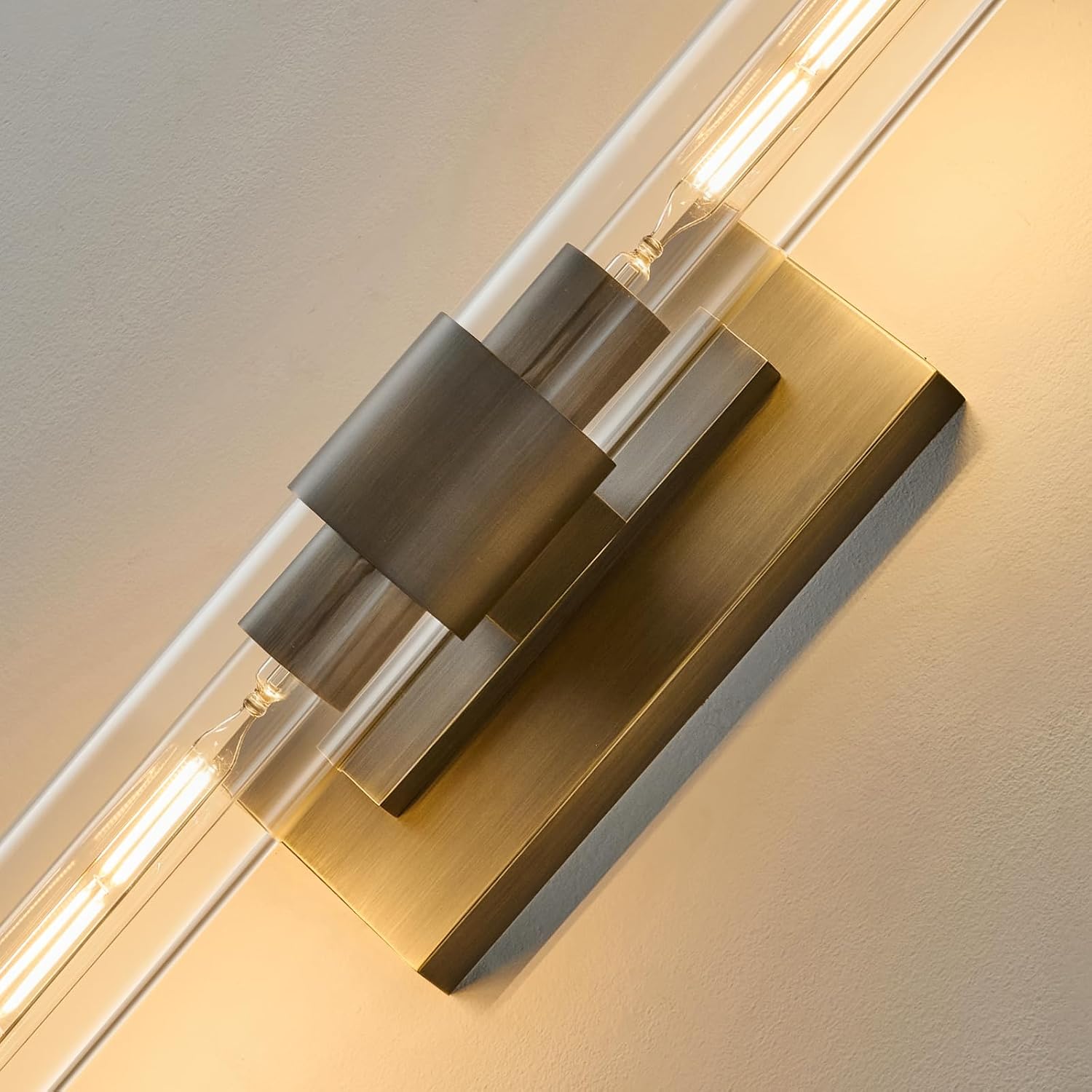 Linear Brass Bathroom Wall Sconce - Luxury Antique Brushed Gold Sconces Set of 2 - Dimmable Vanity Lights Fixture with Clear Glass Tube - Modern Lighting for Bedroom Living Room Hallway Indoor Decor