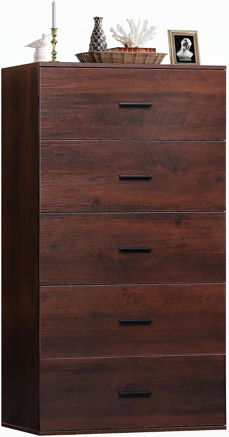 WLIVE Tall Dresser for Bedroom, Wood Chest of Drawers with Mental Handles, Brown Bedroom Dresser with 5 Drawers, Modern Minimalist Closet Store Organizer for Living Room, Hallway