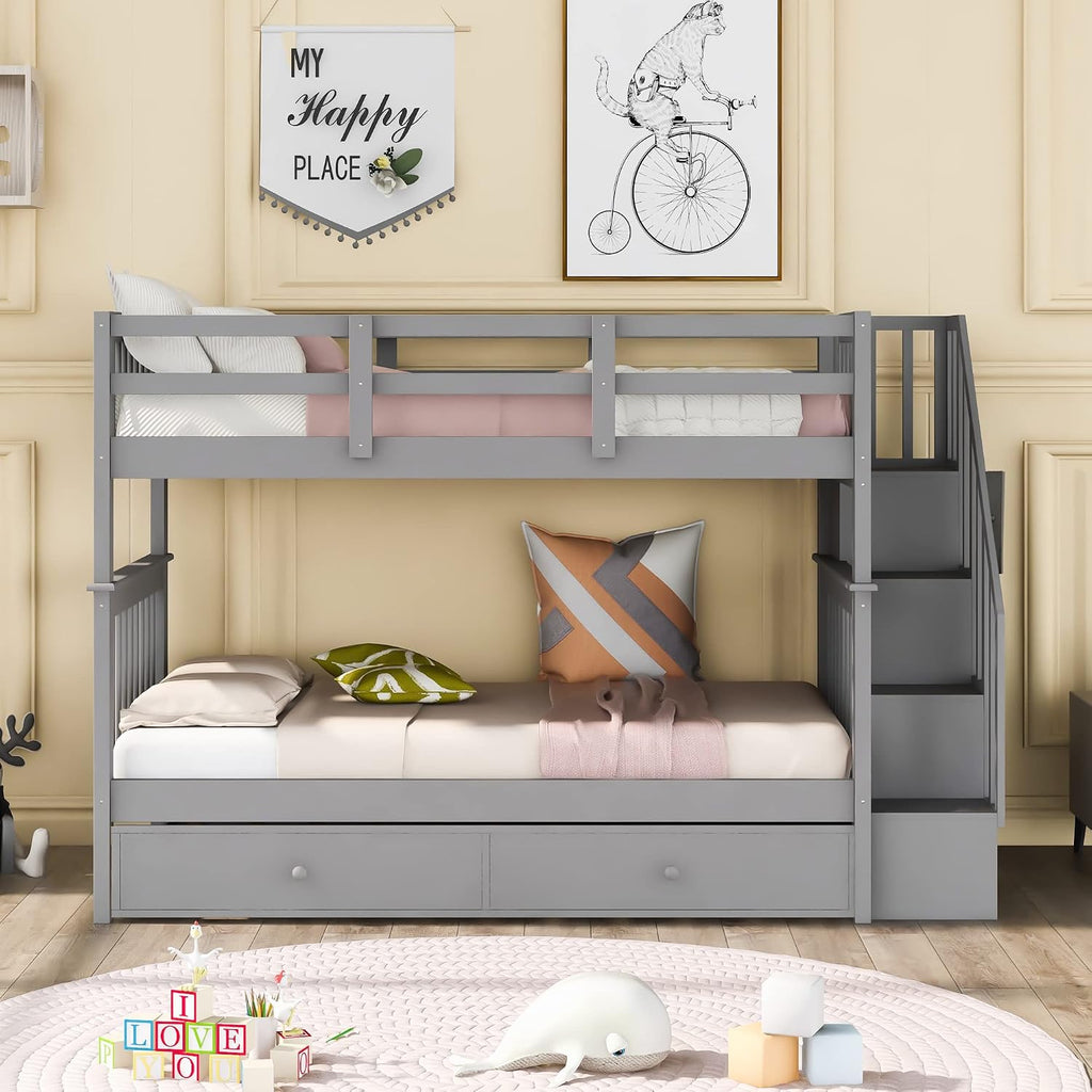 Harper & Bright Designs Twin-Over-Twin Bunk Bed with Trundle and Storage Staircase, Solid Wood 3 in 1 Stairway Bunk Bed with Trundle, Grey