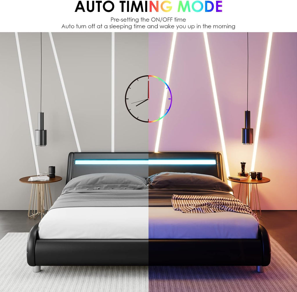 Keyluv Upholstered Queen LED Bed Frame with Headboard, Modern Low Profile Platform Bed with Strong Slats Support, Faux Leather Wave-Like Bed Frame, Easy Assembly, No Box Spring Needed, Black