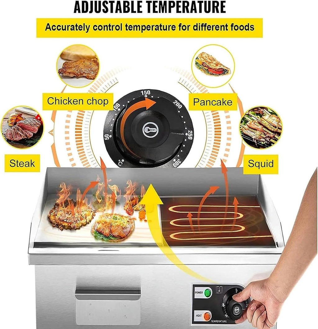 Commercial Electric Griddle 1500W Non-Stick Teppanyaki Grill with Adjustable Temperature Control 122°F-572°F, Flat Top Grill for Kitchen & Restaurant