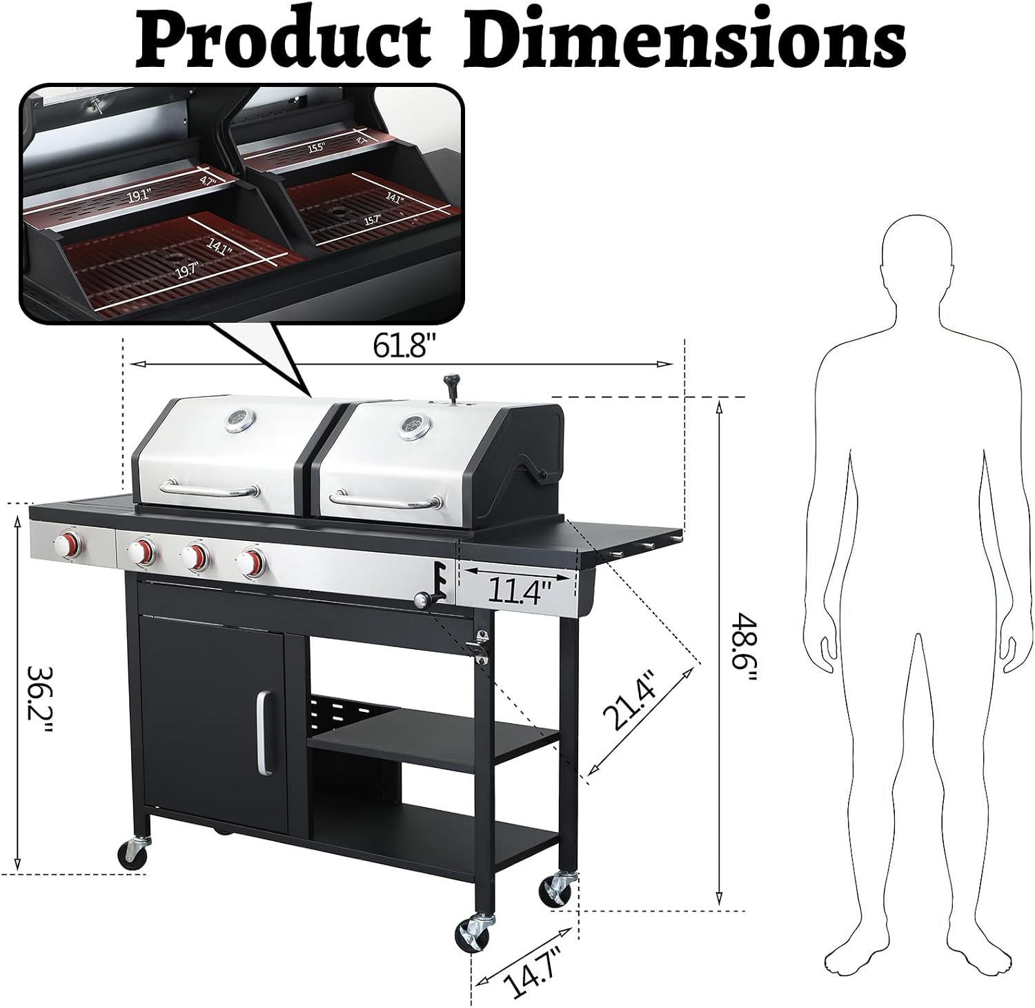 Gas and Charcoal Grill Combo, 3 Burner Gas Grill with Side Burner & Enameled Cast Iron Cooking Grids, 37230 Btu Stainless Steel Burner Barbecue Grills for Patio, Camping, 504 SQIN Cook Area