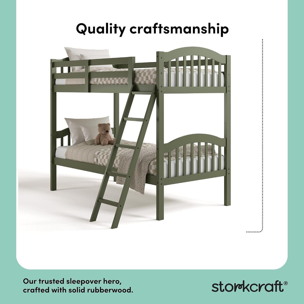Storkcraft Long Horn Twin-Over-Twin Bunk Bed (Olive) - GREENGUARD Gold Certified, Converts to Two Twin Beds, Wood Bunk Bed for Kids Bedroom
