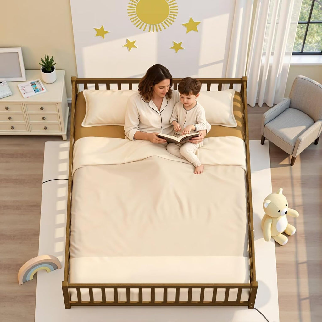 i-POOK Queen Floor Bed Frame with Wood Slats, High Fence & Small Door, Pinewood Montessori Floor Bed for Girls and Boys,Light Espresso