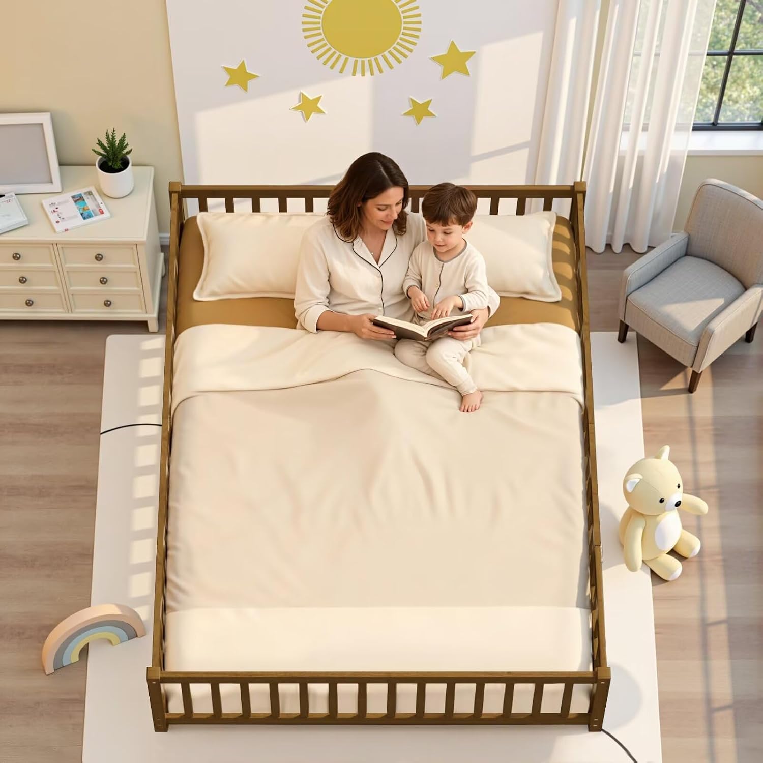 i-POOK Queen Floor Bed Frame with Wood Slats, High Fence & Small Door, Pinewood Montessori Floor Bed for Girls and Boys,Light Espresso