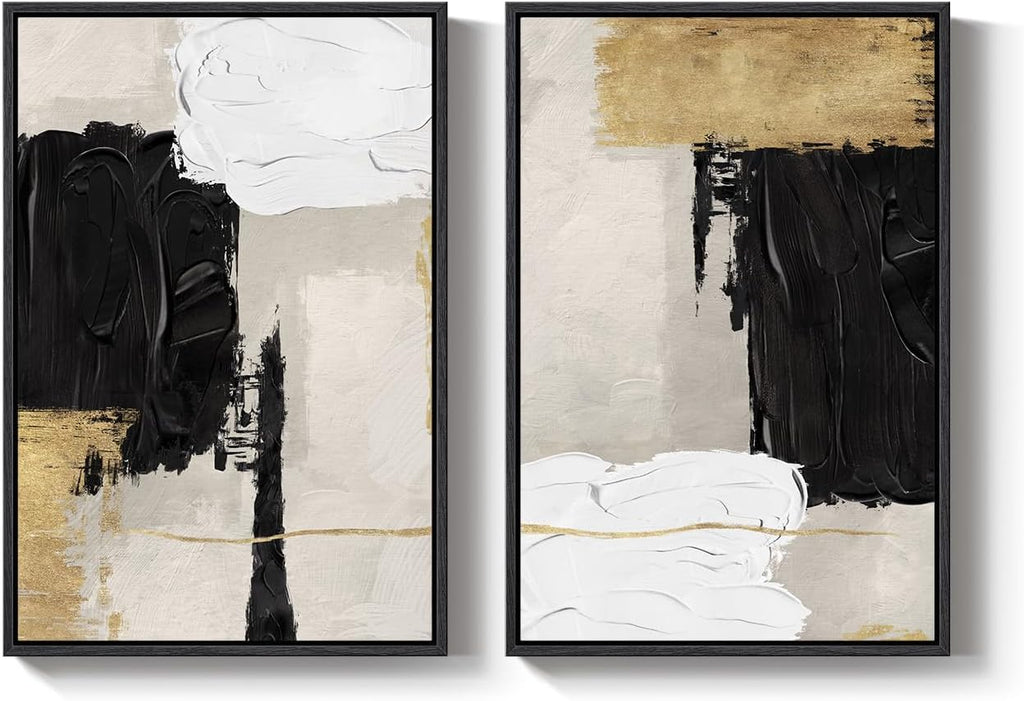 Framed Black White and Gold Abstract Wall Art for Living Room, Set of 2 Modern Minimalist Canvas Artwork for Walls, Large Neutral Pictures Prints for Bedroom Home Office Hallway Wall Decor, 24x36 Inch