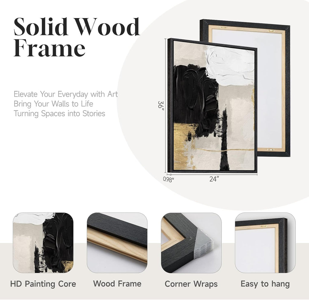 Framed Black White and Gold Abstract Wall Art for Living Room, Set of 2 Modern Minimalist Canvas Artwork for Walls, Large Neutral Pictures Prints for Bedroom Home Office Hallway Wall Decor, 24x36 Inch
