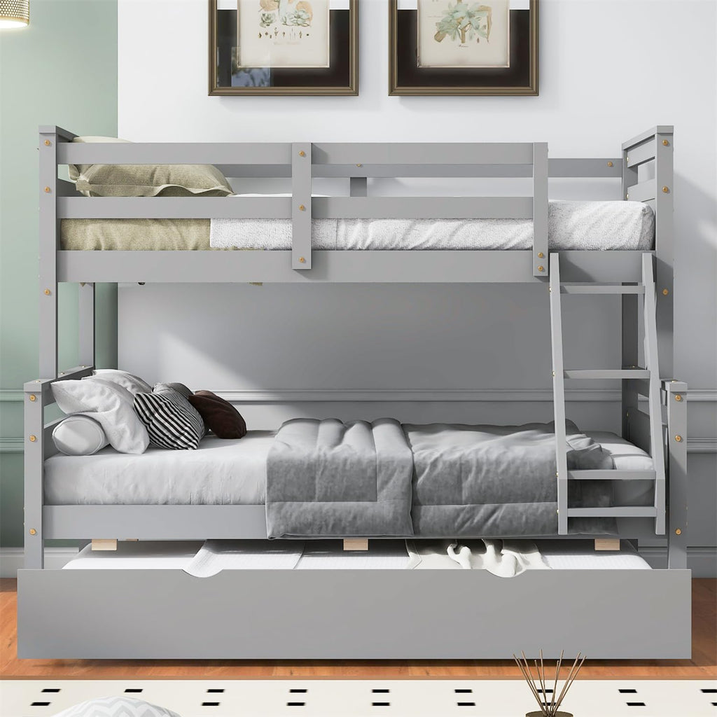 Merax Trundle Bunk Bed, Twin Over Full Wood Bunk Bed with Twin Size Trundle and Ladder, 3-in-1 Convertible to 2 Separate Beds, Solid Wood Frame with Guardrai, Grey