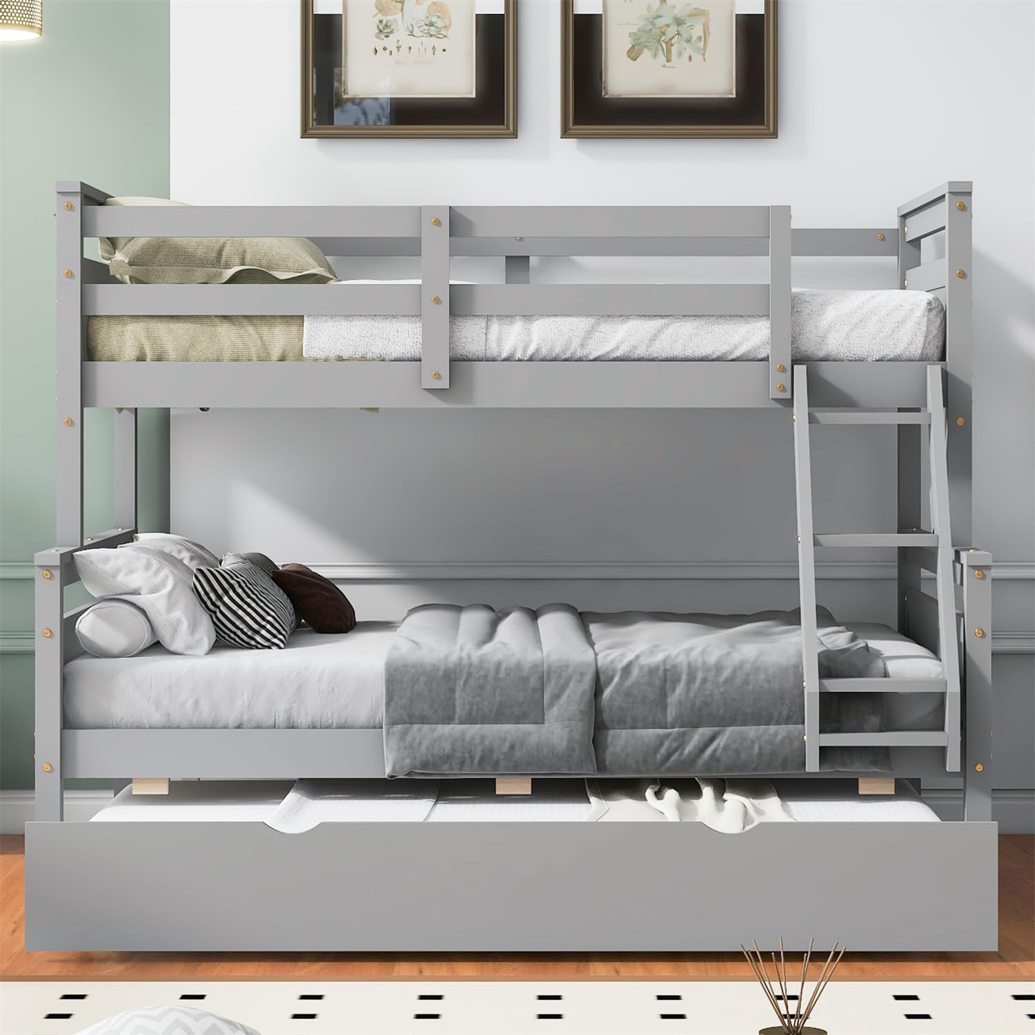 Merax Trundle Bunk Bed, Twin Over Full Wood Bunk Bed with Twin Size Trundle and Ladder, 3-in-1 Convertible to 2 Separate Beds, Solid Wood Frame with Guardrai, Grey