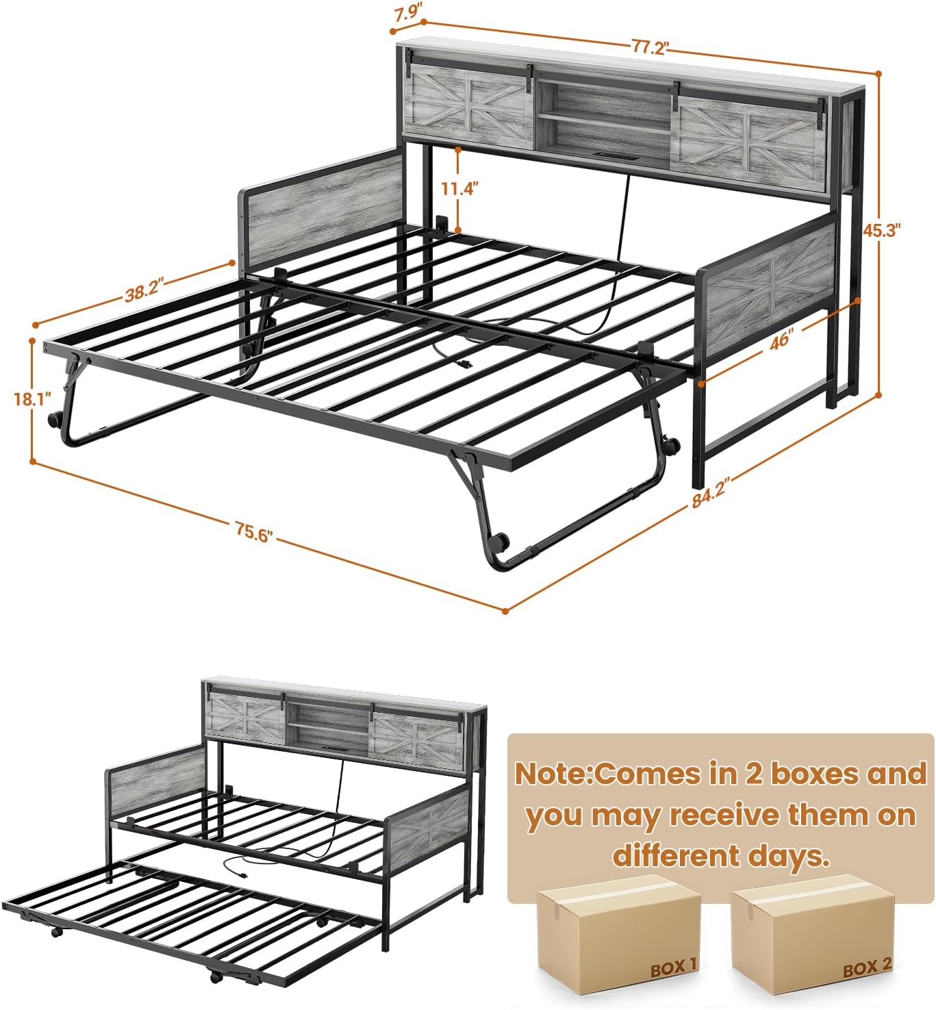 Homieasy Farmhouse Twin Daybed with Pop-Up Trundle, Metal Trundle Bed Frame with Bookcase Headboard, Charging Station & Barn Door Storage for Bedroom & Guest Room, Light Oak