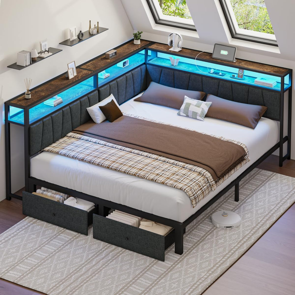 Full Corner Bed Frame with Storage Drawers, Modern Daybed with LED Lights and Charging Station, Metal Platform Bed Frame Full Size with Linen Upholstered Guardrail for Dorm Bedroom, Grey