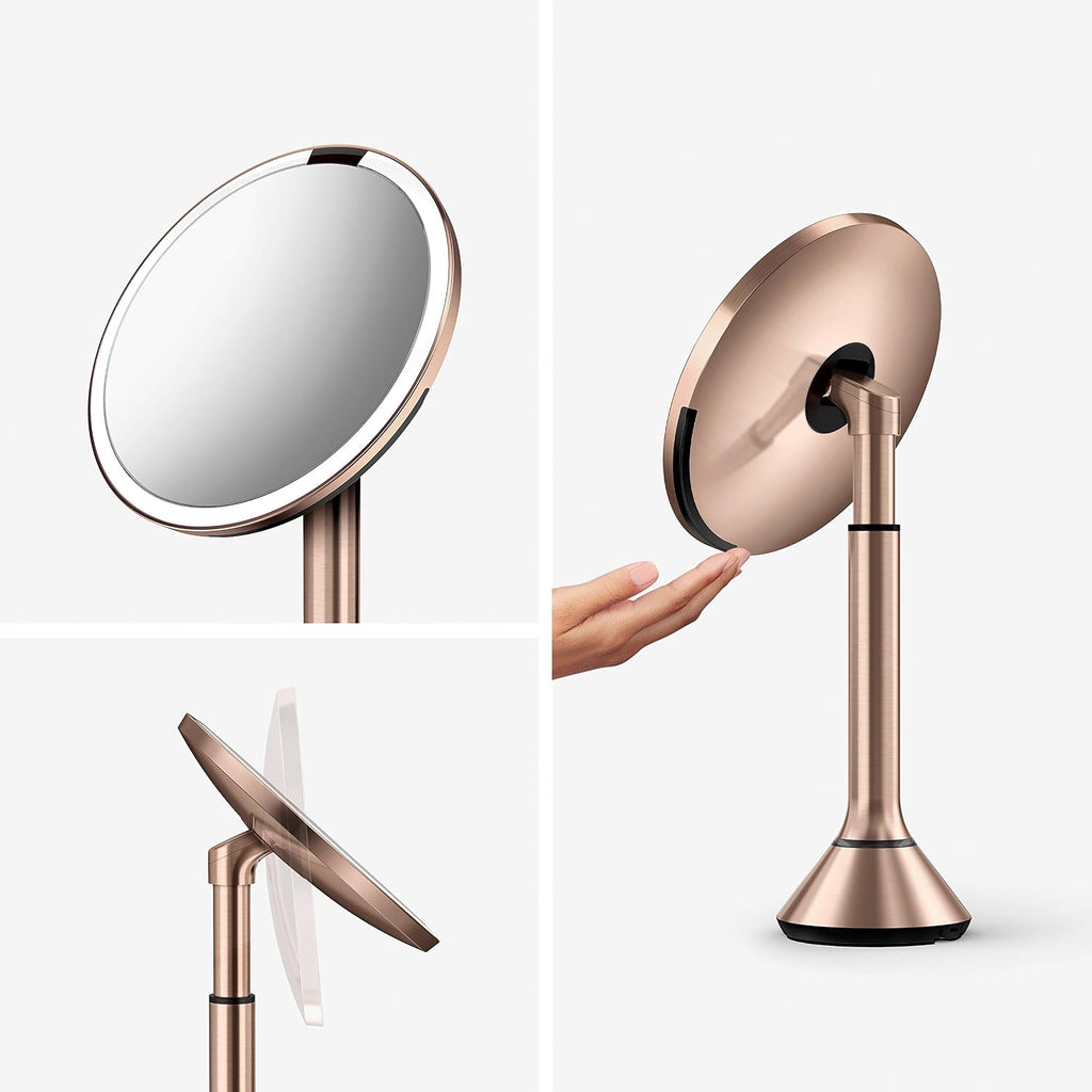 simplehuman Sensor Mirror, Lighted Makeup Mirror with Magnification (5X), 8' Round Magnifying Vanity Mirror with Lights, Cordless, Rose Gold Stainless Steel