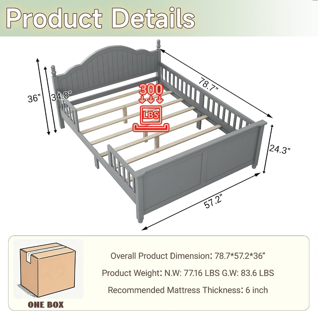 Full Size Kids Bed with Full-Length Guardrail,Low Profile Bed Frame with Headboard and Footboard,Wooden Platform Bed with 6.7-inch Under Bed Storage,Slats Support,Roman Column Design,Gray
