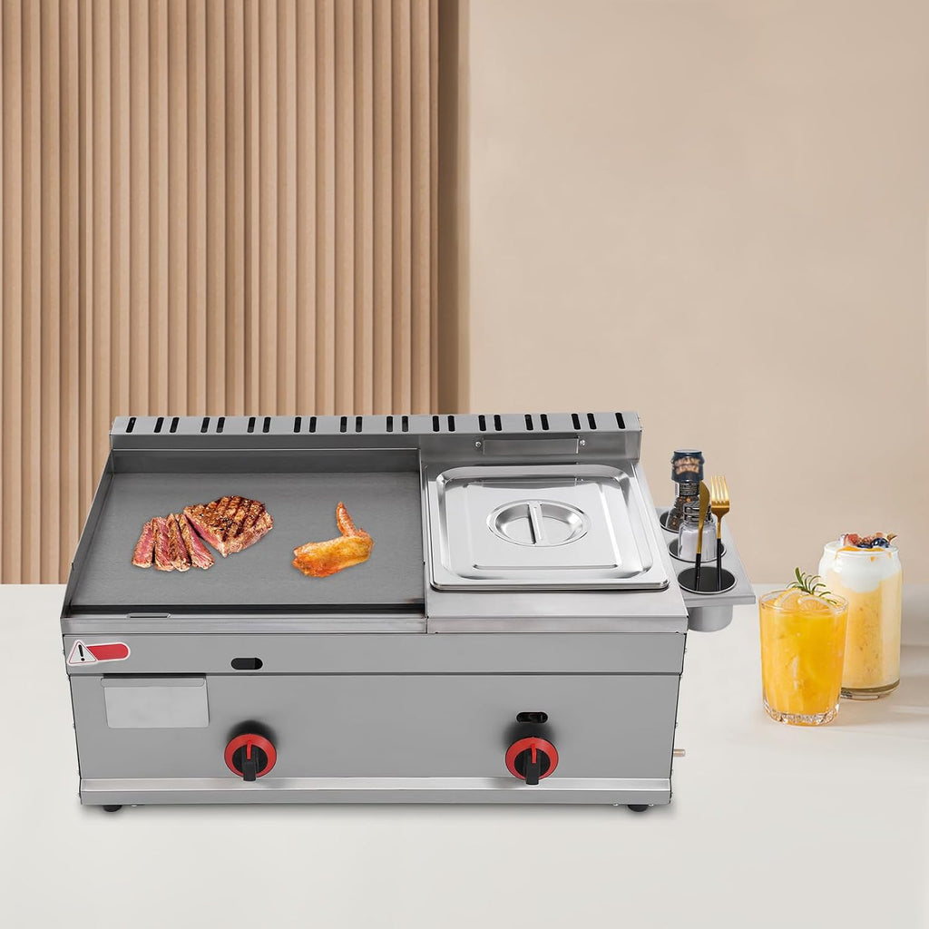Commercial Gas Deep Fryer with Grill Plate, 1.59Gal Oil Pot Capacity Propane Griddle Flat Top Grill Stainless Steel Double Burner Tabletop Griddle and Deep Fryer for Home Kitchen