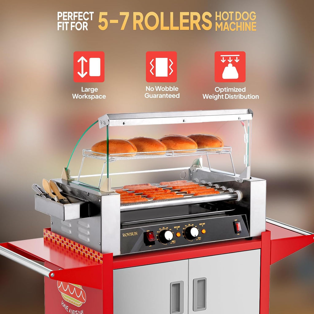 ROVSUN Hot Dog Cart - Mobile Stand for 5-7 Rollers Hot Dog Machine with Shelfs, Handles & Wheels, Concession Stands, Fairs, Events Use