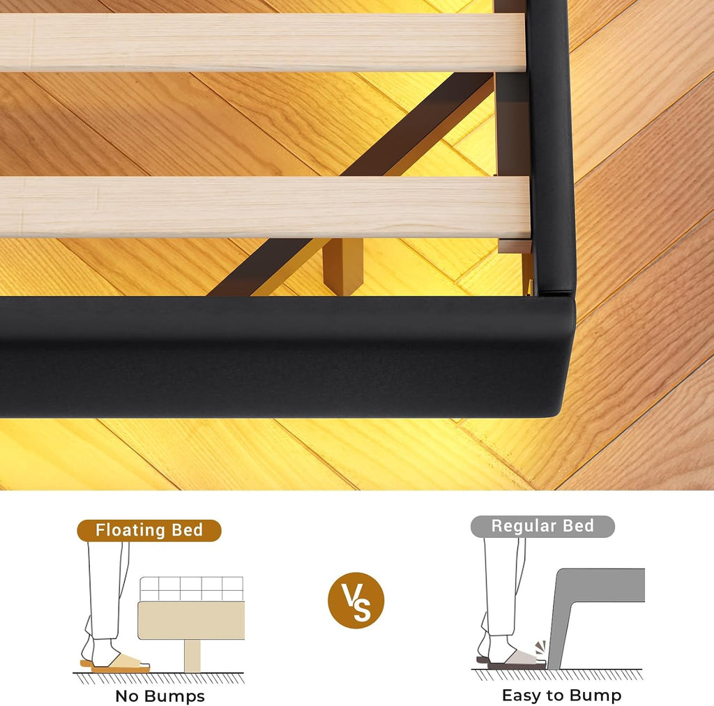 BTHFST Floating Bed Frame Queen Size with Charging Station, Headboard with Secret Storage Cubby, RGB Floating Bed, No Box Spring Needed, PU Black