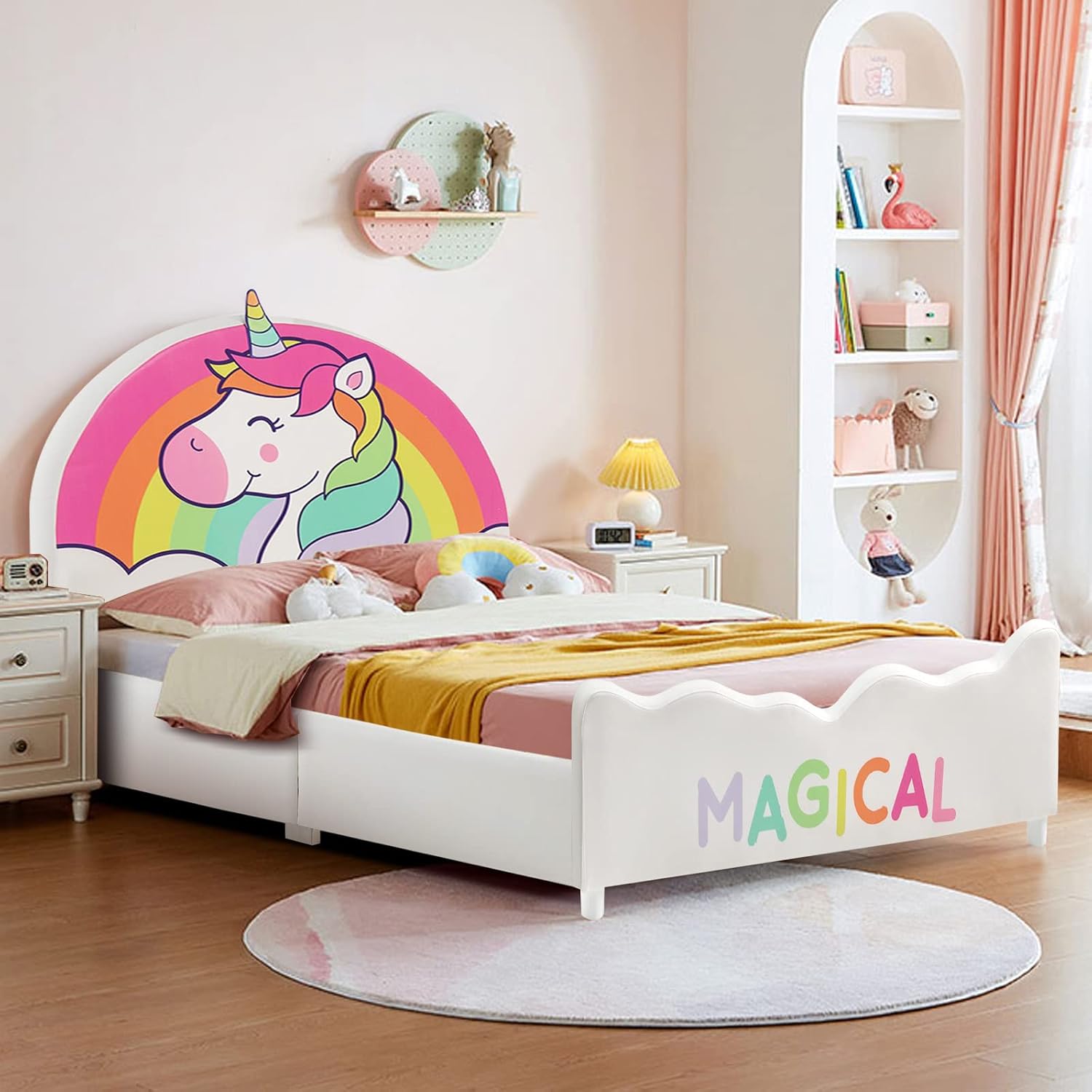 Costzon Twin Bed Frames for Kids, Wood Upholstered Twin Bed Platform with Slat Support, Padded Headboard&Footboard, No Box Spring Needed, Easy Assembly, Fits Standard Twin Mattress (Rainbow)