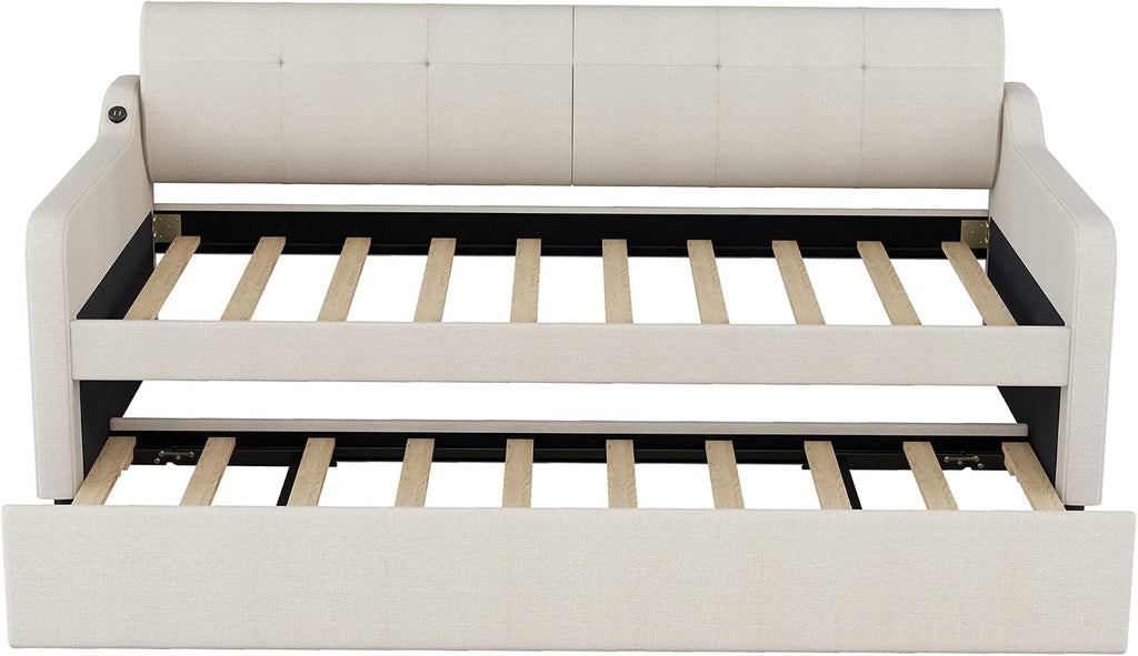 Daybed with Trundle and USB Charging Design, Twin Size Upholstery Day Bed Frame, Trundle can be Flat or erected,Beige