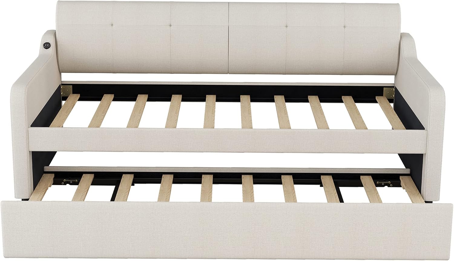 Daybed with Trundle and USB Charging Design, Twin Size Upholstery Day Bed Frame, Trundle can be Flat or erected,Beige