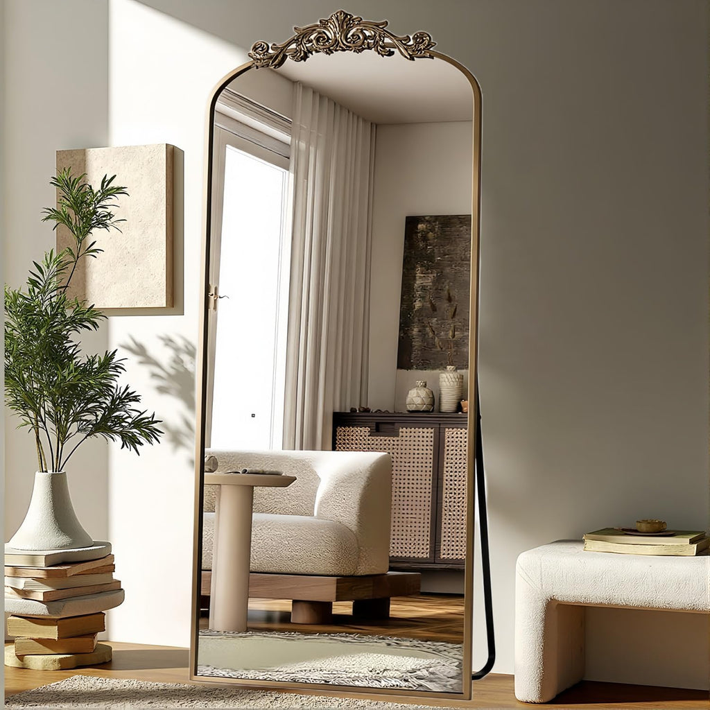 Dewfig Arched Full Length Mirror, 71'x28' Full Body Mirrors with Carved, Floor Mirror for HomeDecor, Standing/Halling Large Wall Mirror for Bedroom, Living Room, Cloakroom, Bronze, Retro Style