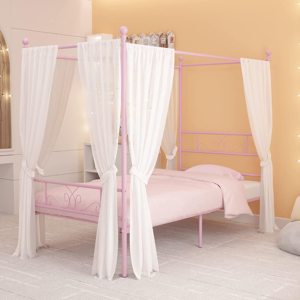 Weehom Twin Canopy Bed Frame with Headboard and Footboard, 4 Posters Metal Bed Frame, No Box Spring Needed, Mattress Foundation Platform Bed for Kids and Adults, Pink