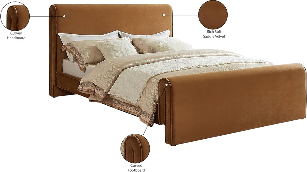 Meridian Furniture SloanSaddle-K Sloan Collection Modern | Contemporary Velvet Upholstered King Bed with Rich Soft Saddle Velvet, Curved Headboard and Footboard, 82' W x 96' D x 45' H, Saddle, King