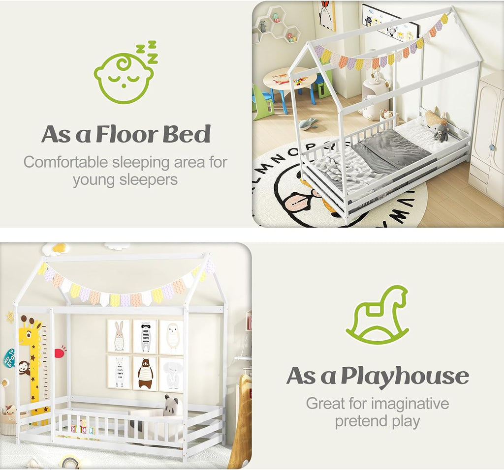 KOMFOTT Twin Size Floor House Bed, Wooden Montessori Bed with Roof & Full-Length Safety Guardrail, Floor Playhouse Bed Frame for Kids, Girls, Boys (White)