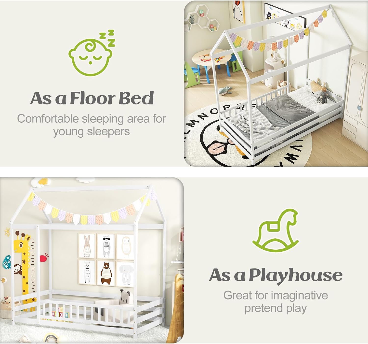 KOMFOTT Twin Size Floor House Bed, Wooden Montessori Bed with Roof & Full-Length Safety Guardrail, Floor Playhouse Bed Frame for Kids, Girls, Boys (White)