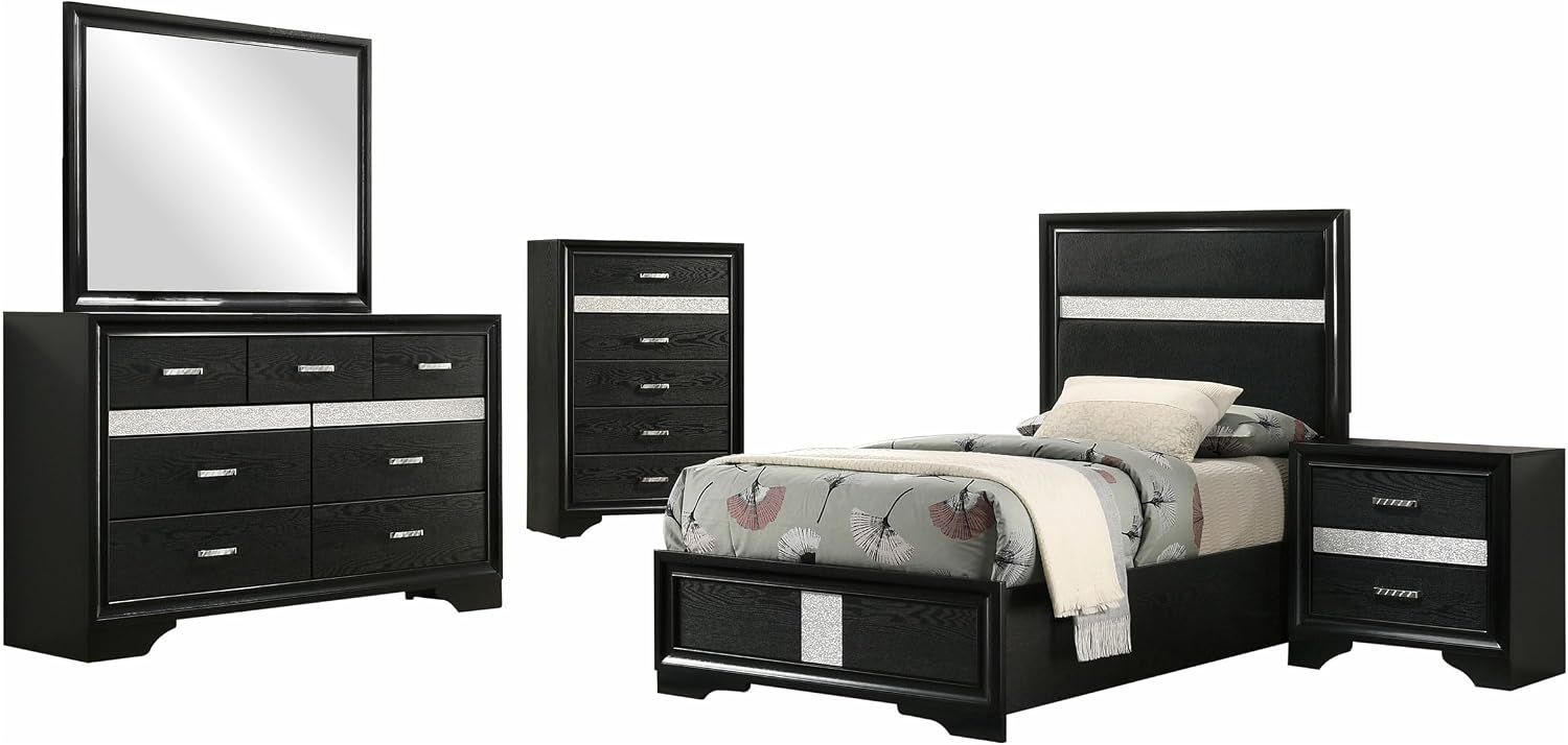 Coaster Home Furnishings Miranda Contemporary 5-Piece Bedroom Set Fabric Upholstered Twin Size Panel Bed Frame 54-inch Headboard Black 206360T-S5