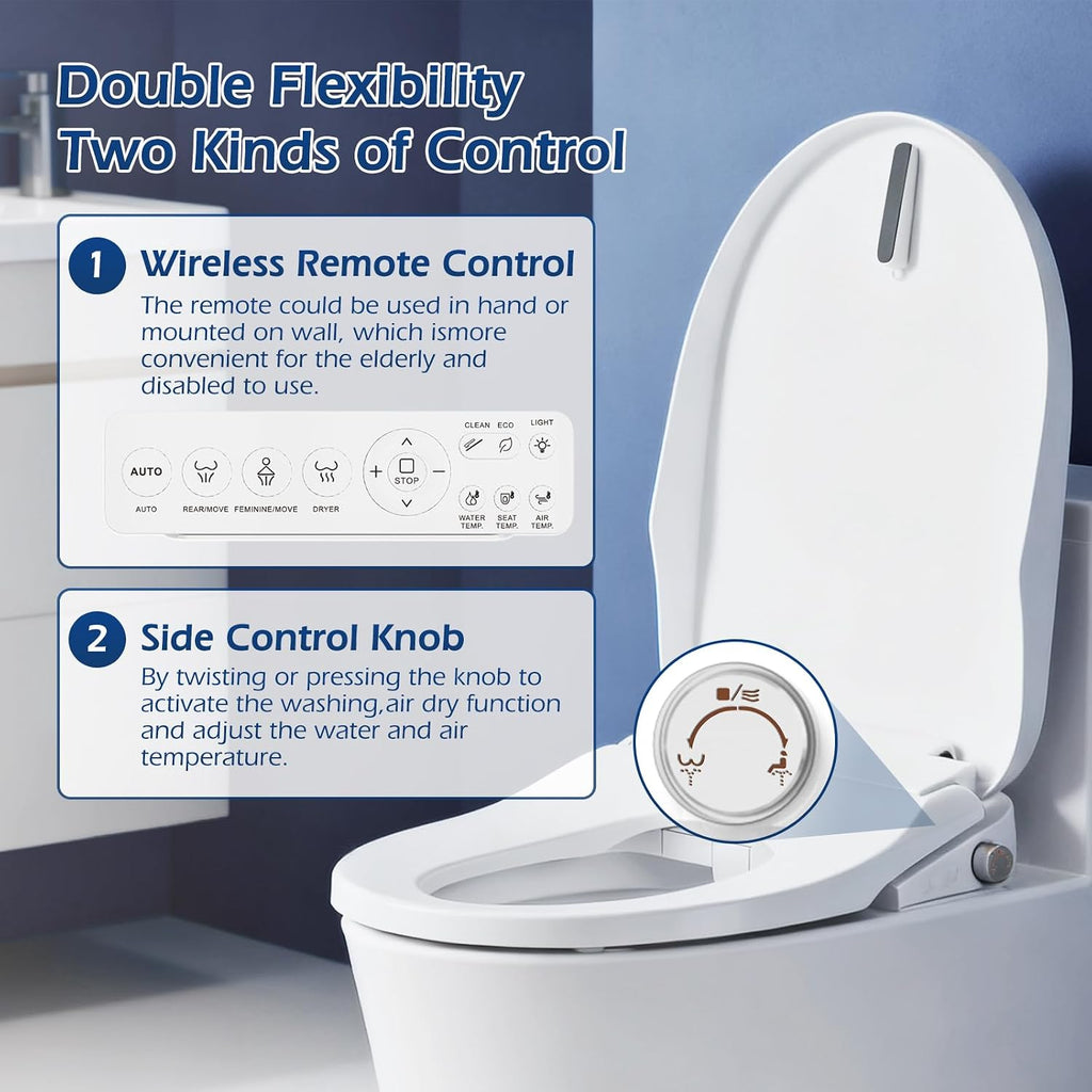 Bidet Toilet Seat, Electric Smart Heated Toilet Seat with Instant Warm Water & Dryer, Feminine & Front Rear Wash, Self-Clean Nozzle, Night Light, Wireless Remote, Soft Closed Toilet Lid, Elongated