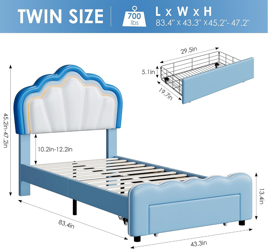 HOSTACK Twin Upholstered LED Bed Frame with Storage Drawers, Cute Boys Bed with Adjustable Lotus Headboard, Faux Leather Platform Bed Frame, Wooden Slats Support, No Box Spring Needed, Blue/White