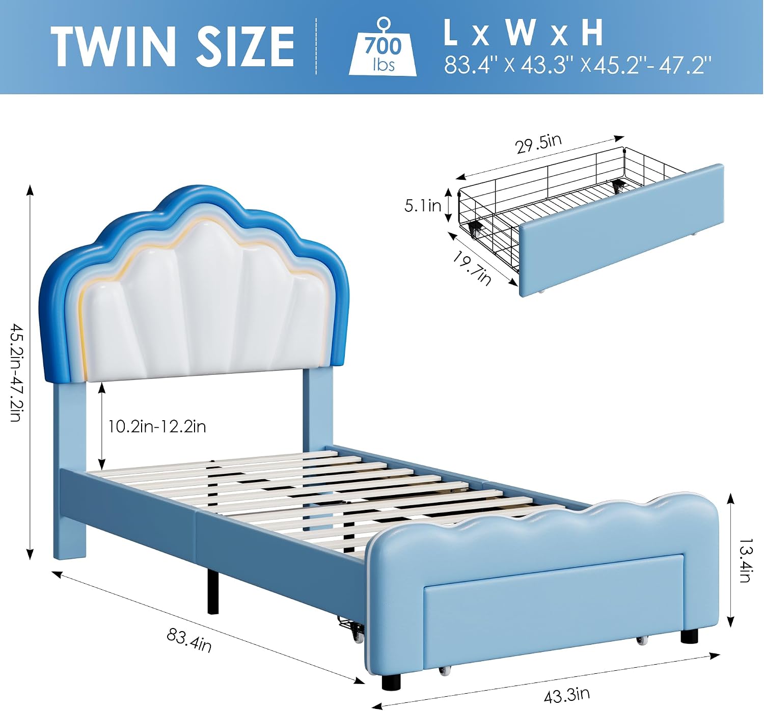 HOSTACK Twin Upholstered LED Bed Frame with Storage Drawers, Cute Boys Bed with Adjustable Lotus Headboard, Faux Leather Platform Bed Frame, Wooden Slats Support, No Box Spring Needed, Blue/White