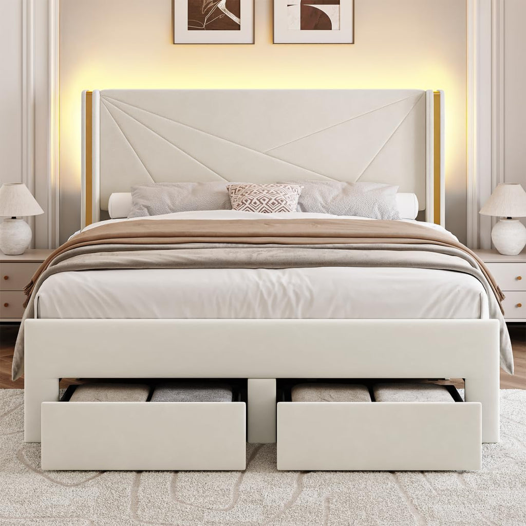 Full Size Bed Frame with Storage Drawers and Wingback Headboard, Velvet Upholstered Full Bed Frames Platform Bed with LED Lights, Wooden Slats Support, No Box Spring Needed, Noise-Free, Beige