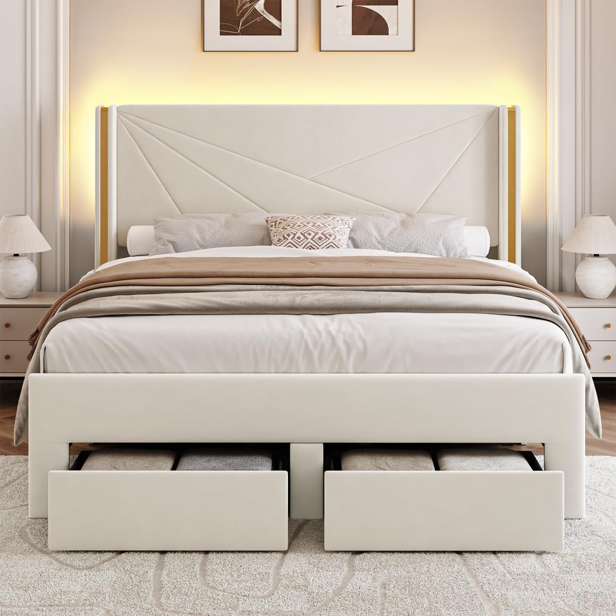 Full Size Bed Frame with Storage Drawers and Wingback Headboard, Velvet Upholstered Full Bed Frames Platform Bed with LED Lights, Wooden Slats Support, No Box Spring Needed, Noise-Free, Beige