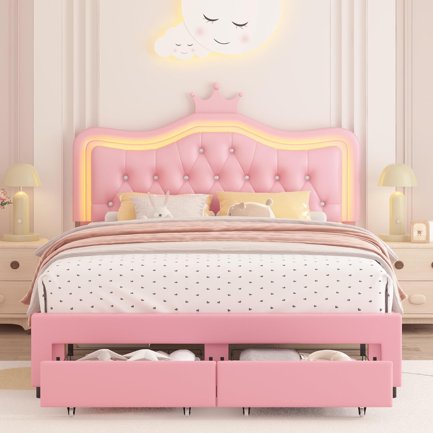 Keyluv Full Upholstered LED Bed Frame with Storage Drawer, Leather Princess Platform Bed with Adjustable Crystal Button Tufted Crown Headboard, Solid Wooden Slats Support, No Box Spring Needed, Pink
