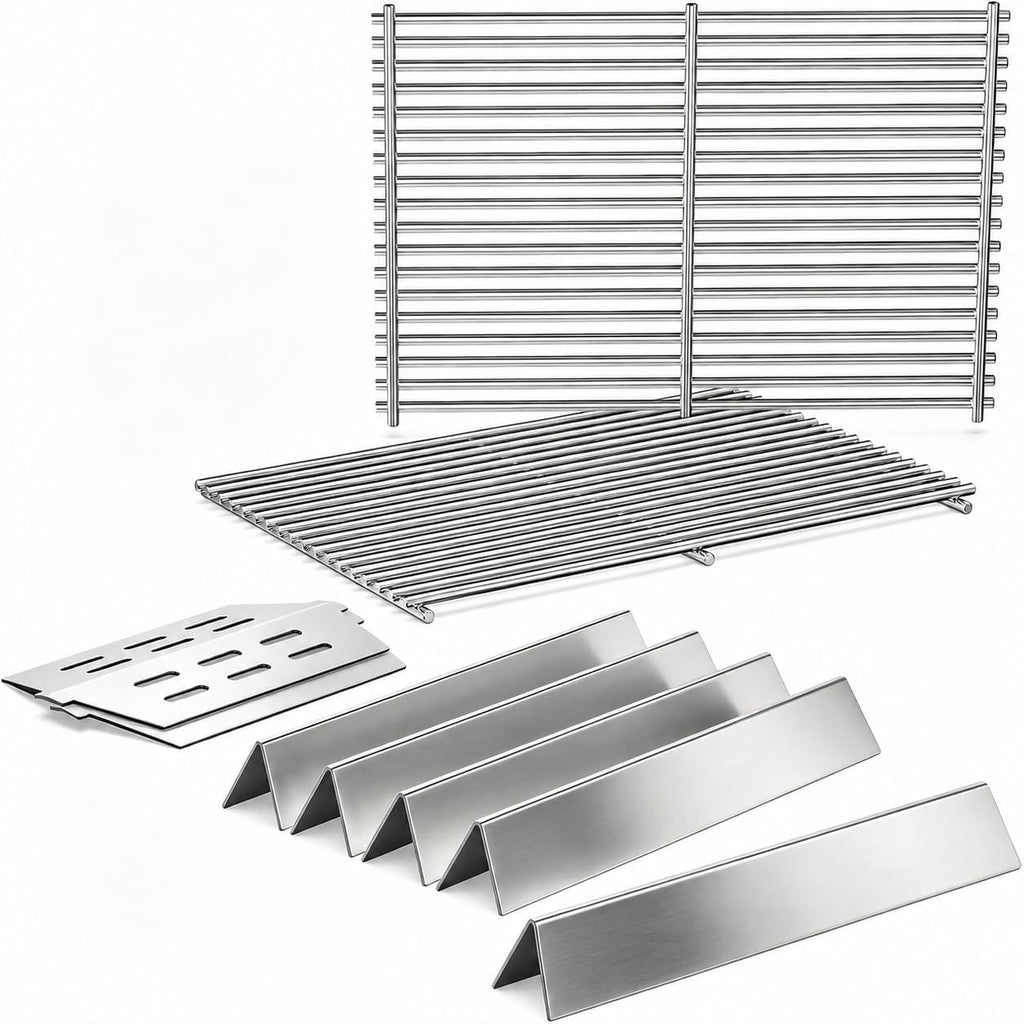 QuliMetal 304 Stainless Steel 7524 Grill Grates & 7621 Flavorizer Bars, 65505 Heat Deflectors for Weber Genesis 300 Series with Front Control Knob, Replacement for Genesis E310 S310 E/S320 E/S330